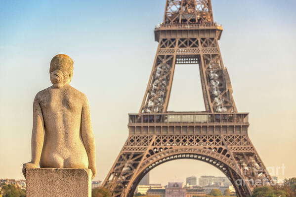 Paris Art Print featuring the photograph La femme statue watching the Eiffel Tower, Paris by Delphimages Paris Photography