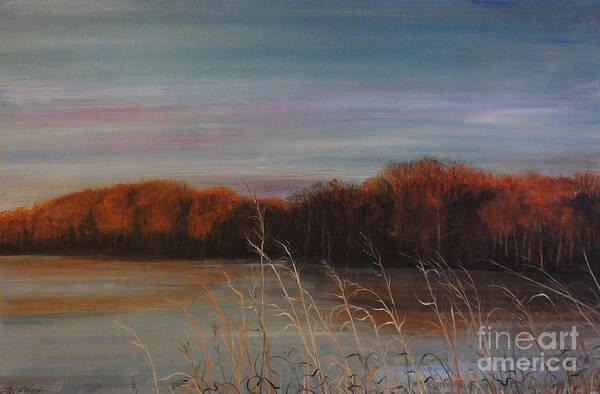 Lake Art Print featuring the painting Quiet lake Morning at Lake Dunn Village Creek State Park AR by Lizi Beard-Ward