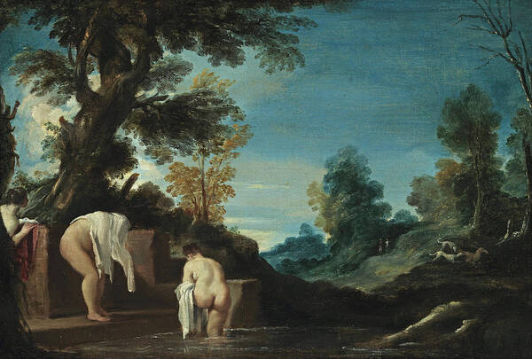 Guercino Art Print featuring the painting Landscape with Bathing Women by Guercino