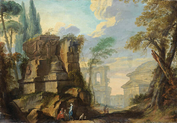 Jean Barbault Art Print featuring the painting Landscape with Figures among Roman Ruins by Jean Barbault