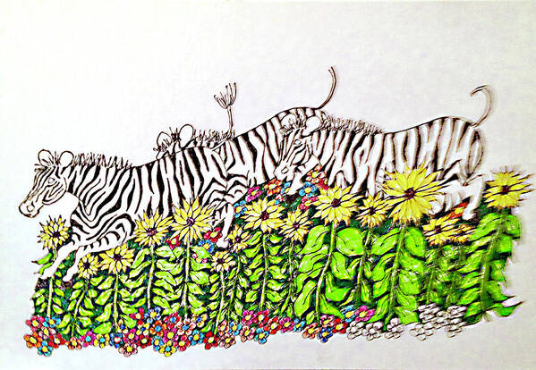 Drawing Art Print featuring the drawing Leaping Zebras by Gerry Delongchamp
