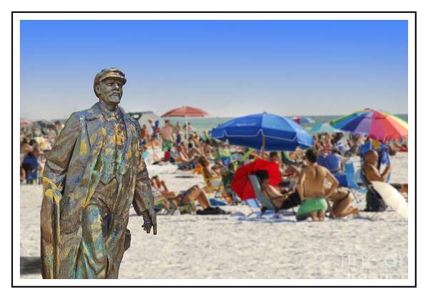 Umbrellas Art Print featuring the photograph Lenin goes to the Beach White border by Larry Mulvehill