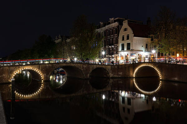 Magical Amsterdam Art Print featuring the photograph Light Trails and Circles - Reflecting on Magical Amsterdam Canals by Georgia Mizuleva
