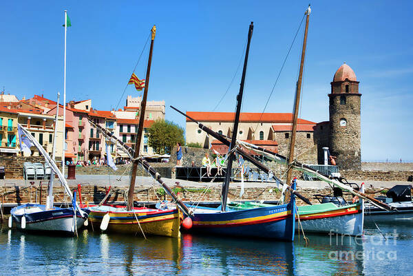 France Art Print featuring the photograph Lighthouse Boats Sea Collioure France by Chuck Kuhn