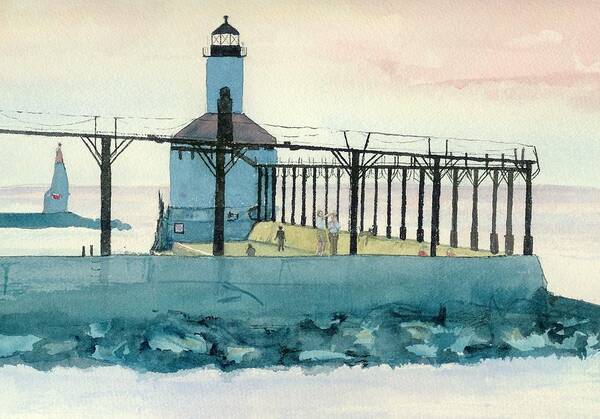 Lighthouse Art Print featuring the painting Lighthouse in Michigan City by Lynn Babineau