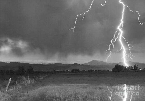 Lightning Art Print featuring the photograph Lightning Striking Longs Peak Foothills 5BW by James BO Insogna