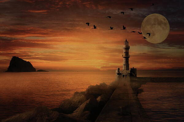 Light House Art Print featuring the photograph Llight House by Moonlight by Andrea Kollo
