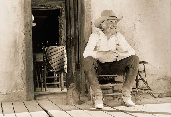Old West Poster Art Print featuring the photograph Lonesome Dove Gus On Porch by Peter Nowell
