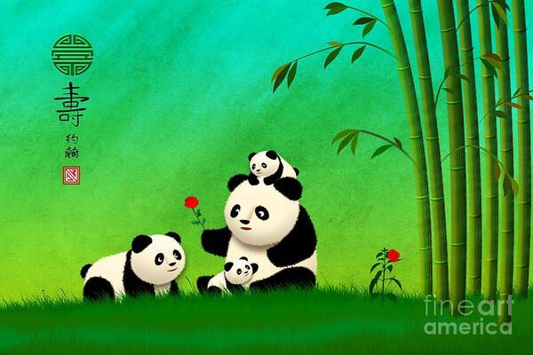 Panda Bear Art Print featuring the digital art Longevity Panda Family Asian Art by John Wills