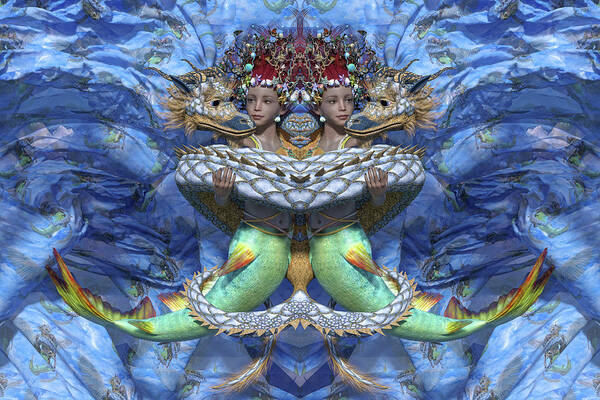 Mermaid Art Print featuring the digital art Love and War Mirrored Custom by Betsy Knapp
