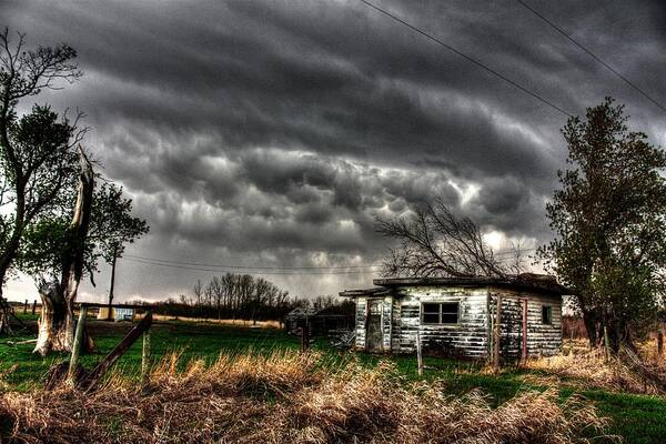 Old Buildings Old Shack Old Homestead Farming Farm Land Ranch House Trees Old Trees Mamantas Clouds Stormy Weather Overcast Kitchen Stove Shed Shack Homestead Ruins Art Print featuring the photograph Mamantus cloud storm by David Matthews