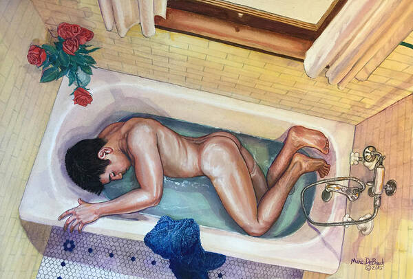 Male Nude Art Print featuring the painting Man in Bathtub #3 by Marc DeBauch