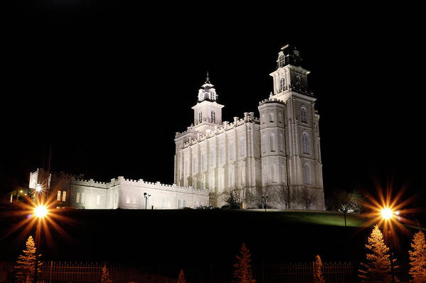 Trees Art Print featuring the photograph Manti Temple at Night by K Bradley Washburn