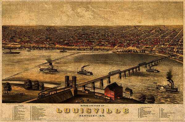 Map Of Louisville Art Print featuring the mixed media Map of Louisville Kentucky Vintage Birds Eye View Aerial Schematic on Old Distressed Canvas by Design Turnpike