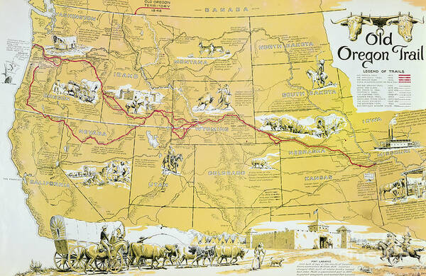 Oregon Trail Art Print featuring the drawing Map of the Old Oregon Trail by American School