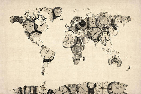World Map Art Print featuring the digital art Map of the World Map from Old Clocks by Michael Tompsett