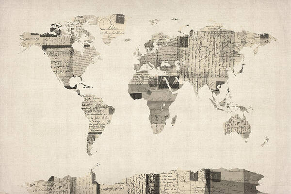 World Map Art Print featuring the digital art Map of the World Map from Old Postcards by Michael Tompsett