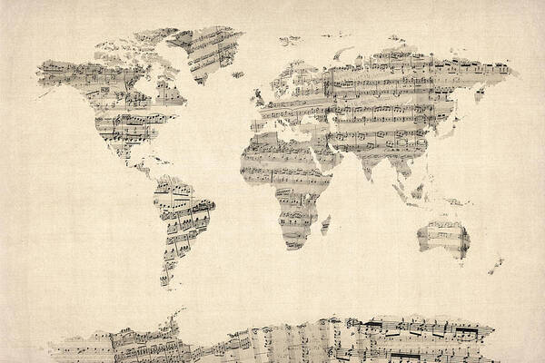 World Map Art Print featuring the digital art Map of the World Map from Old Sheet Music by Michael Tompsett
