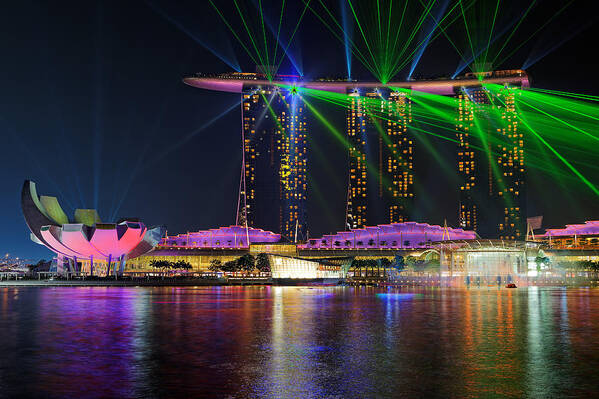 Singapore Art Print featuring the photograph Marina Bay Sands Lasershow by Martin Fleckenstein
