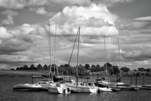 Boats Art Print featuring the photograph Marina - Branched Oak Lake - Black and White by Nikolyn McDonald