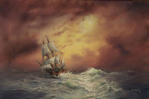 Mayflower Art Print featuring the painting Mayflower At Sea by Tom Shropshire