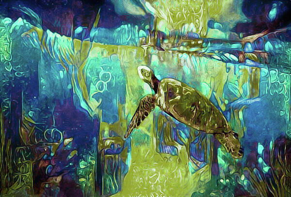 Swimming Sea Turtle Art Print featuring the mixed media Midnight Swim by Susan Maxwell Schmidt