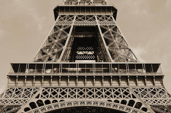 Travelpixpro Art Print featuring the photograph Midsection First and Second Levels of the Eiffel Tower Paris France Sepia by Shawn O'Brien