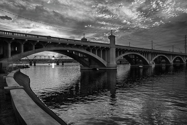 Tempe Town Lake Art Print featuring the photograph Mill Avenue Bridge at Sunset Black and White by Dave Dilli