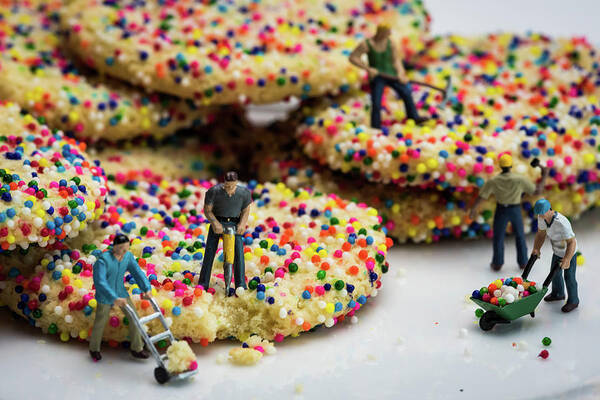 Miniature Photography Art Print featuring the photograph Miniature Construction Workers on Sprinkle Cookies by Tammy Ray
