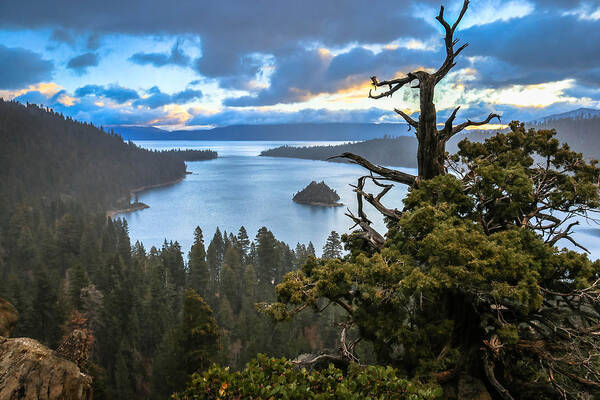 I Was Up Riding My Bike Around Emerald Bay And It Started Snowing Just As The Light Started Looking Really Cool Art Print featuring the photograph Mistic Tahoe Sunrise by Mike Herron