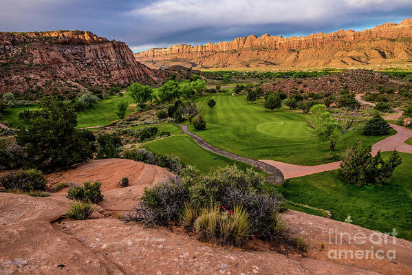 Desert Art Print featuring the photograph Moab Desert Canyon Golf Course at Sunrise by Gary Whitton