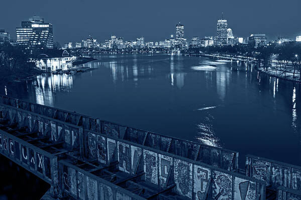Boston Art Print featuring the photograph Monochrome Blue Nights Charles River at Dusk Dewolfe Boathouse Boston Skyline by Toby McGuire