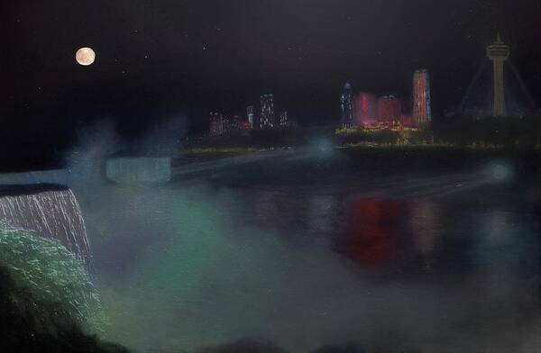 Niagara Falls Art Print featuring the painting Moon At Niagara by Michael Mrozik