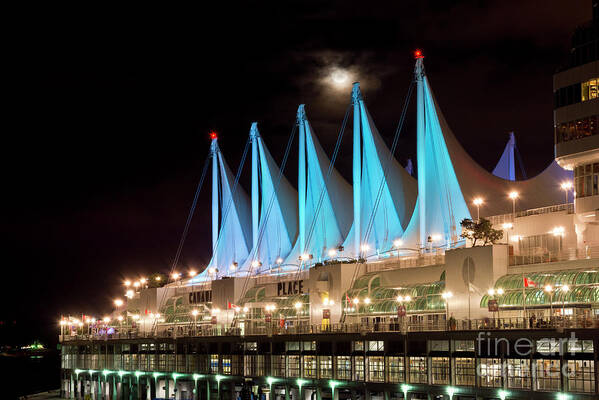 Canada Place Art Print featuring the photograph Moon over Canada Place in Vancouver by Maria Janicki