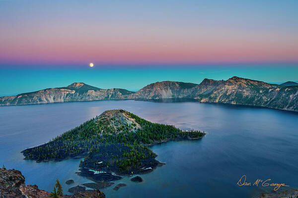 Crater Lake Art Print featuring the photograph Moon over Wizard Island by Dan McGeorge