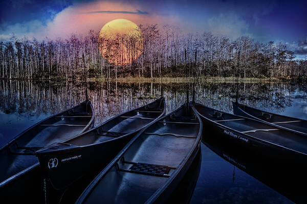 Boats Art Print featuring the photograph Moon Rise on the River by Debra and Dave Vanderlaan