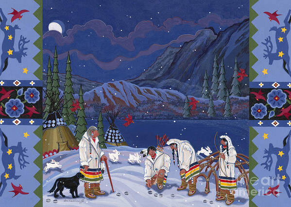 Many Stories Cannot Be Recounted Until There Is Snow On The Ground. Here You Are Watching As A Respected Elder Teaches About Tracking In The Winter Snows. Art Print featuring the painting Moon When the Rivers Dream by Chholing Taha