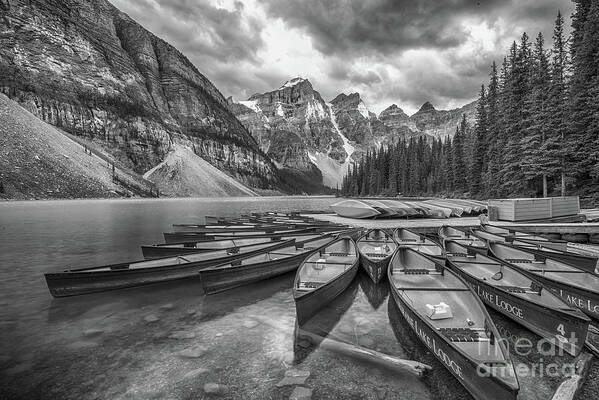 Banff Art Print featuring the photograph Moraine Lake in black and white by Paul Quinn