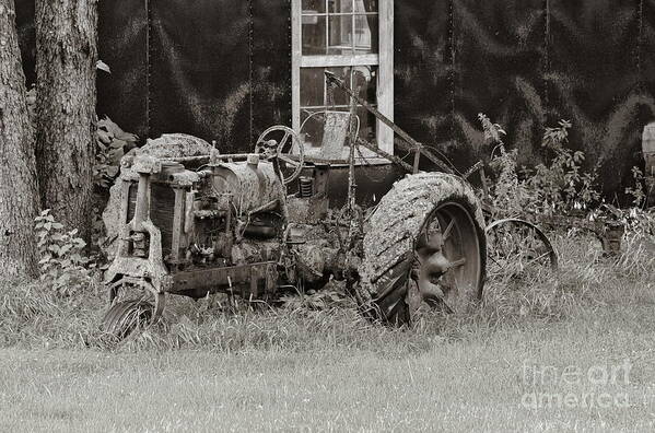 Tractor Old Antique Moss Growth Over Grown Overgrown Black White Monochrome Sepia Art Print featuring the photograph Moss Covered Tractor 1139 by Ken DePue