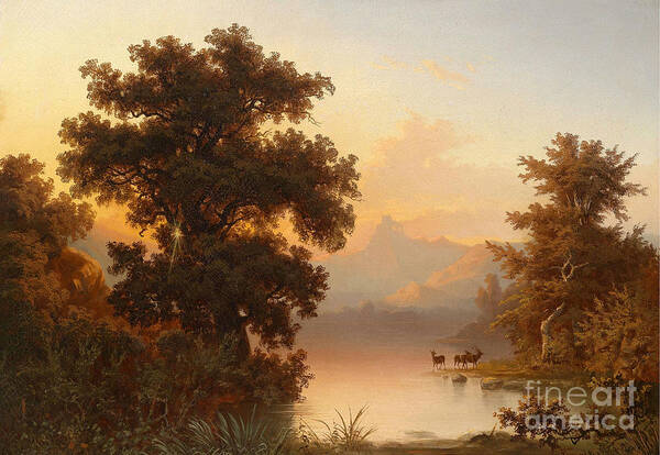 Franz Emil Krause (1836-1900 ) Mountain Lake In The Evening Light. Forest Art Print featuring the painting Mountain Lake in the Evening Light by MotionAge Designs