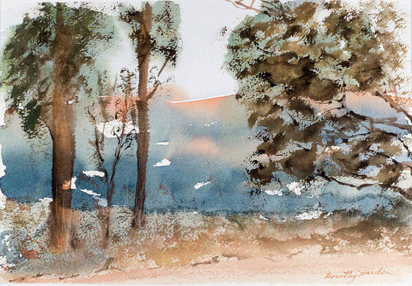 Mt Field National Park Art Print featuring the painting Mt Field Gum Tree Silhouettes against Salmon coloured Mountains by Dorothy Darden