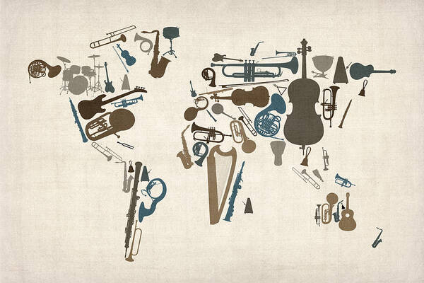World Map Art Print featuring the digital art Musical Instruments Map of the World Map by Michael Tompsett