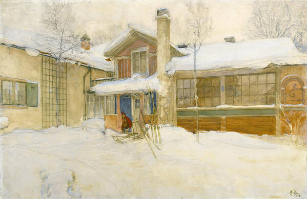 Carl Larsson Art Print featuring the painting My Country Cottage in Winter. Sundborn by Carl Larsson