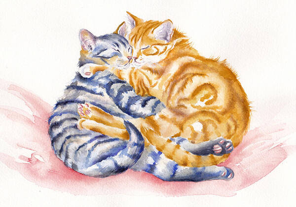 Cats Art Print featuring the painting My Furry Valentine - Loving Cats by Debra Hall