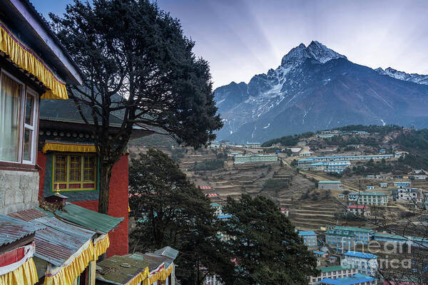 Everest Art Print featuring the photograph Namche Monastery Morning Sunrays by Mike Reid