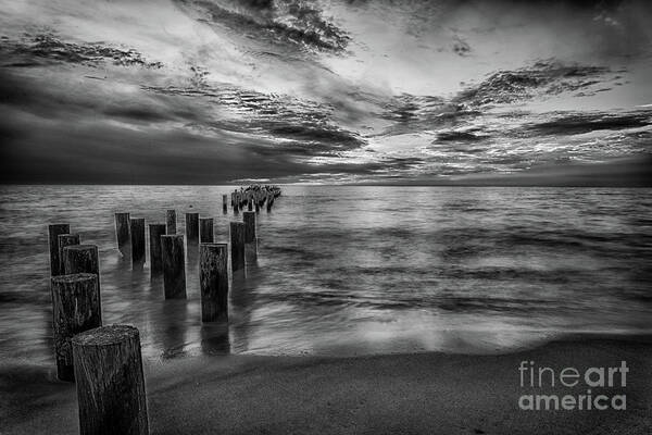 Old Naples Pier Art Print featuring the photograph Naples sunset in Black and White by Paul Quinn