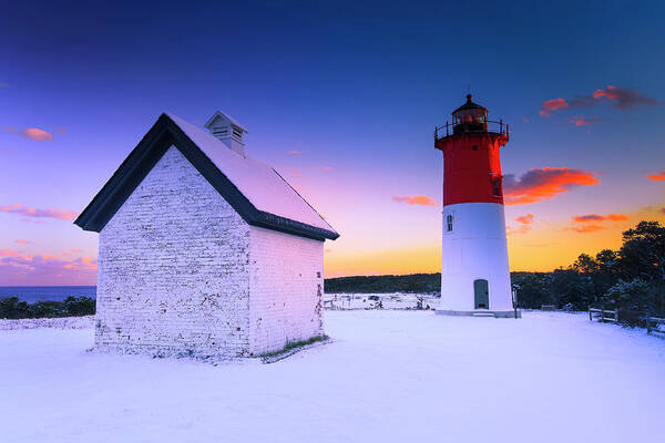 Usa Art Print featuring the photograph Nauset Lighthouse Sunset, First Snow by Darius Aniunas