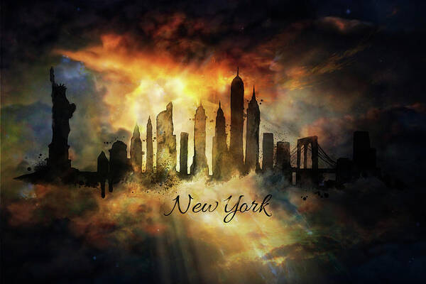 New York Skyline Art Print featuring the painting New York city Skyline in the clouds by Lilia S