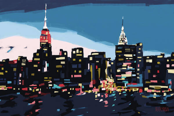 New York Art Print featuring the painting New York Skyline at Dusk in Navy Blue Teal and Pink by Beverly Brown