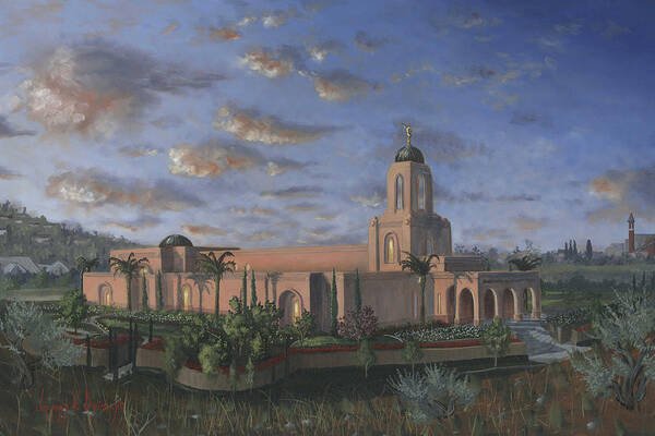Temple Art Print featuring the painting Newport Beach Temple by Jeff Brimley